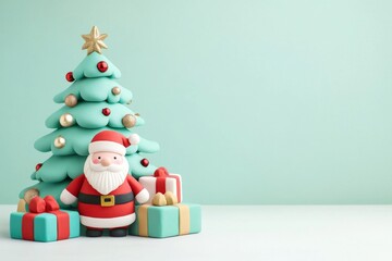 toy figures of Christmas tree and Santa Claus with gifts 