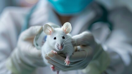 A gloved hand holding a white mouse. AI.
