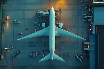 a plane ready to receiving passengers and goods at the airport drone shot from top