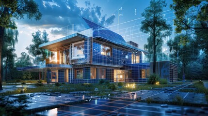 Obraz premium Modern Smart Home with Solar Panels and Advanced Technology