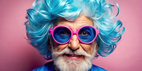 Quirky elder with blue hair and oversized pink sunglasses exuding charm and vitality, eccentric, elder, wild, blue hair