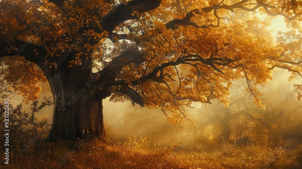 Aufkleber sunlight filters through the branches of a large oak tree in an autumn forest. the leaves are golden