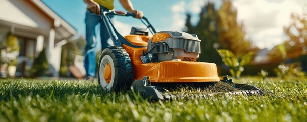 Obraz premium Worker mowing a lawn in soft daylight, showcasing detailed tools and a focus on the lawnmower and grass in a side view