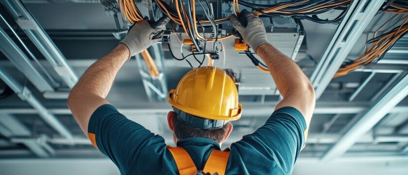 Wide-angle view of an electrician connecting wires on a ceiling with tools and cables visible from below, no face shown