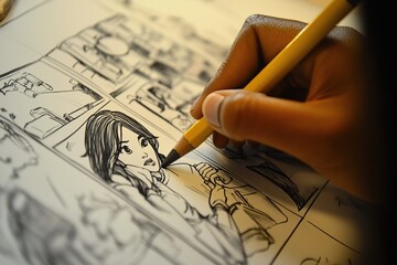 Close-up of an artist's hand drawing a detailed storyboard sketch