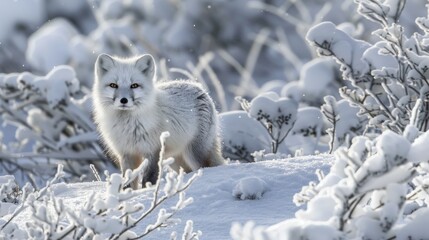 Obraz premium A white arctic fox stands in a snowy landscape, its fur blending seamlessly with the surrounding snow and frosted branches. The fox's keen gaze is fixed on something beyond the frame, suggesting a sen