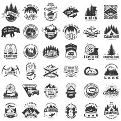 Set of camping related typographic quote. Vector. The images are created without the use of any artificial intelligence software at any stage. Design with forest, mountains, axe and campfire