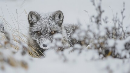 Obraz premium A snowy Arctic fox peeks through a patch of snow-covered brush, its fur dusted with white flakes. The fox's amber eyes stare intently at the camera, its face partially obscured by the snowy branches.