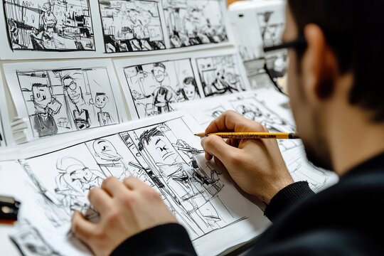 Artist sketching detailed storyboards for animated video project