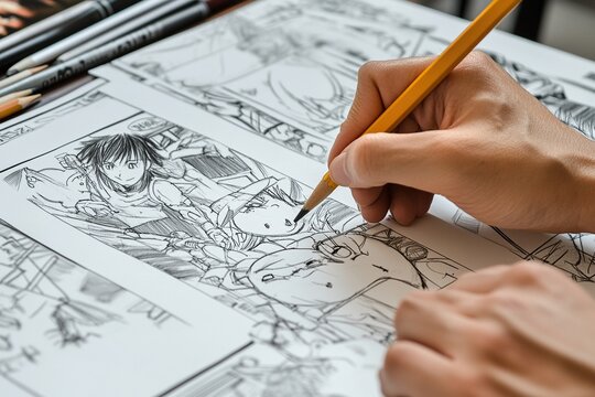 Artist drawing storyboard for an animation project with pencil sketches
