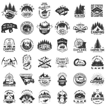 Set of camping related typographic quote. Vector. The images are created without the use of any artificial intelligence software at any stage. Design with forest, mountains, axe and campfire