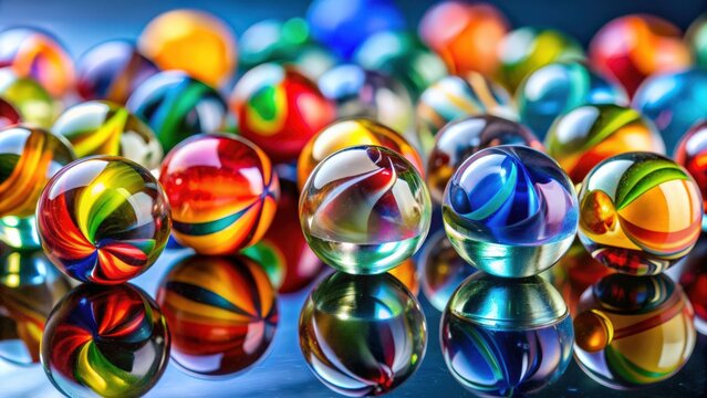 Close-up of colorful glass marbles on a reflective surface , glass, marbles, shiny, reflections, round, colorful, playing