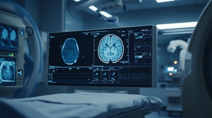 MRI scan of the brain with vital signs displayed on a monitor in a hospital room.