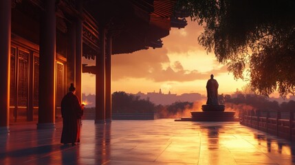 A figure stands quietly at a Confucian temple, admiring the tranquil sunset and its golden light reflecting off the surroundings