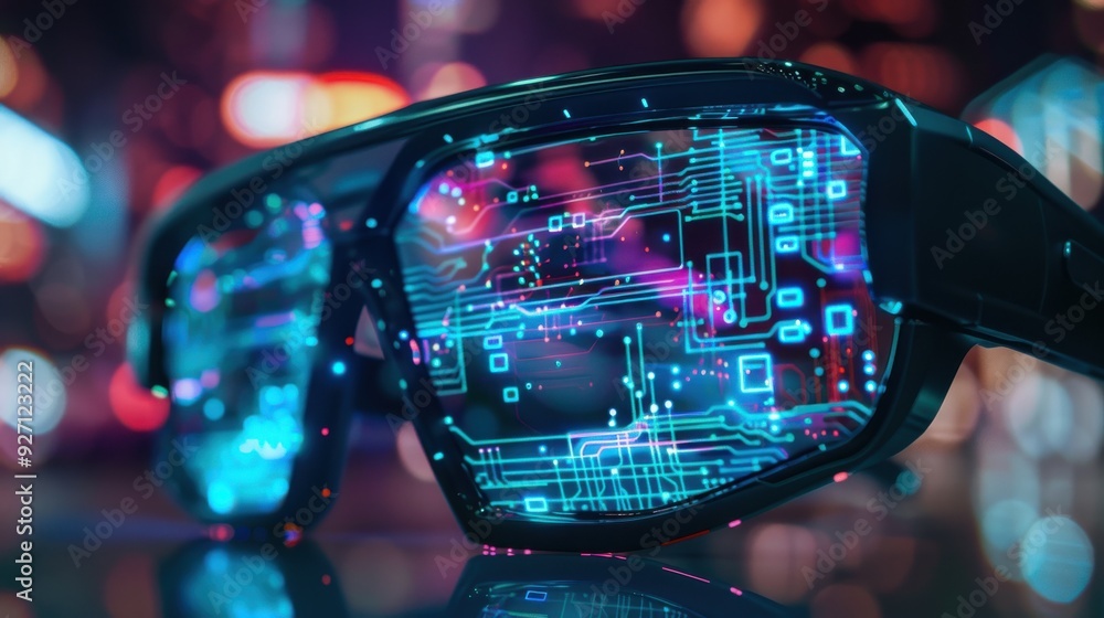 Poster A pair of futuristic sunglasses with a circuit board design on the lenses rests on a reflective surface. The lenses reflect colorful city lights in the background, creating a blend of technology and u