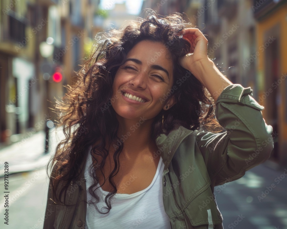 Wall mural a woman with curly hair smiles while walking down a city street. ai.