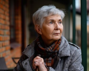 An older woman looks off into the distance. AI.