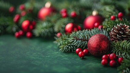 A vintage Christmas card design features retro-style xmas ornaments on a green background in a flat lay presentation.