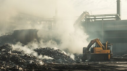 A yellow excavator works at a waste processing facility, with smoke rising from a pile of burning trash in the foreground.