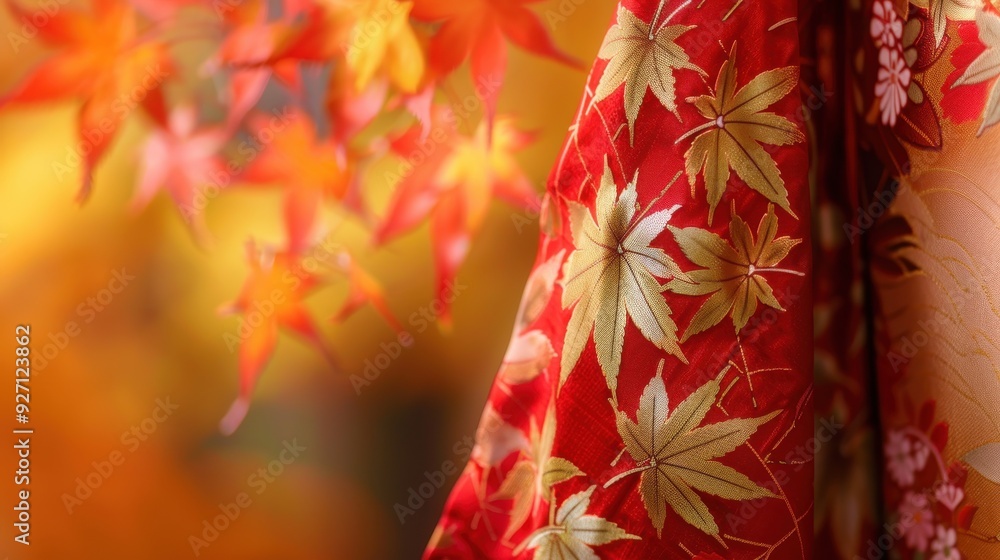Poster a close-up of a red kimono with a pattern of golden maple leaves, set against a blurred background o