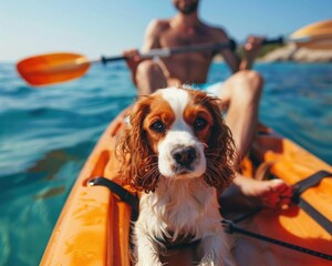 A man and his dog kayaking in the ocean. AI.
