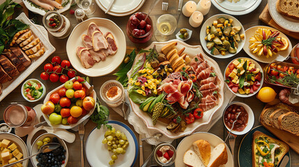 A large spread of food, including meats, cheeses, vegetables, fruits, breads, and sides, on a table.

