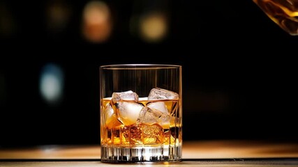 Whiskey being poured into a glass with ice cubes - Powered by Adobe