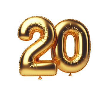 Number 20 Golden inflatable foil balloon. Bright party decoration figures. isolated on transparent background.