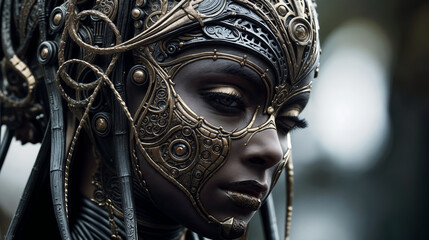 Intricate steampunk mask adorns mysterious woman's face, blending ornate metalwork with dark fantasy aesthetic in close-up portrait of enigmatic beauty