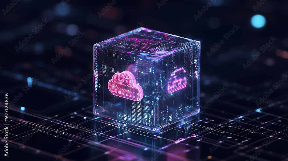 Poster a futuristic digital interface showcasing a glowing cube with cloud icons