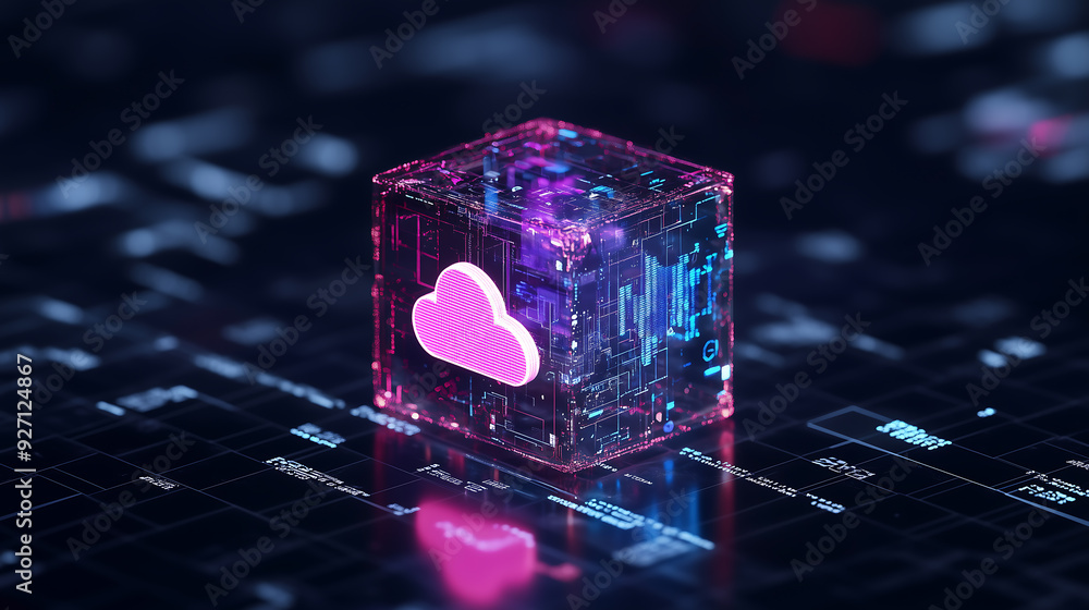 Poster a futuristic glowing cube with a cloud icon, representing cloud computing and data storage