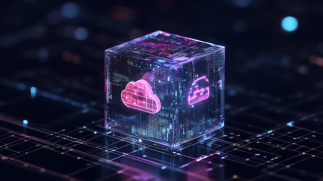 A futuristic digital interface showcasing a glowing cube with cloud icons