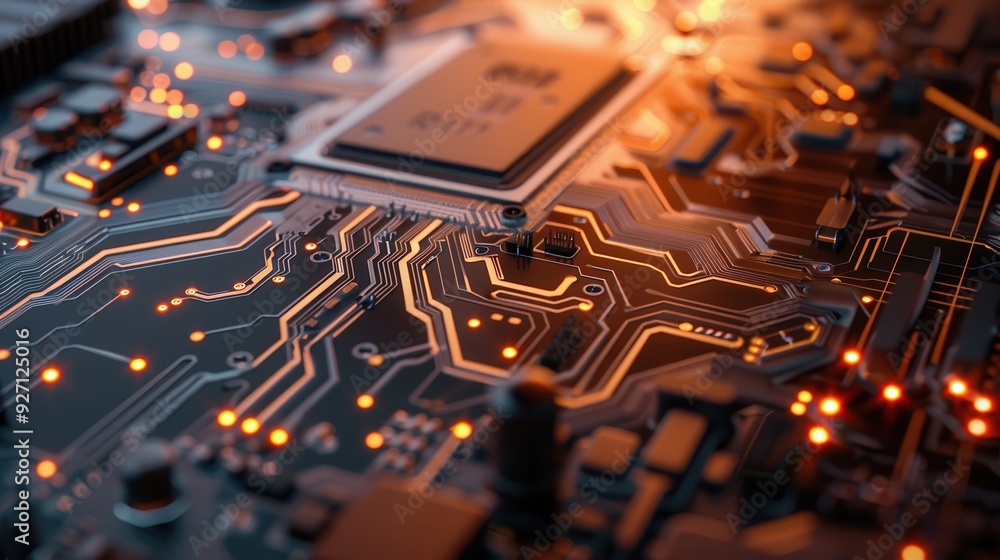 Poster a close-up view of a circuit board, showing the intricate network of traces and components. the trac