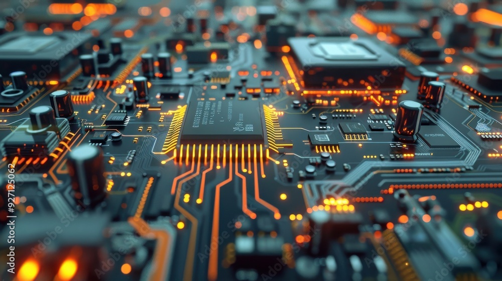 Poster A close-up view of a circuit board, with illuminated traces and components. The central processor is in focus, with traces extending outward in a complex pattern.