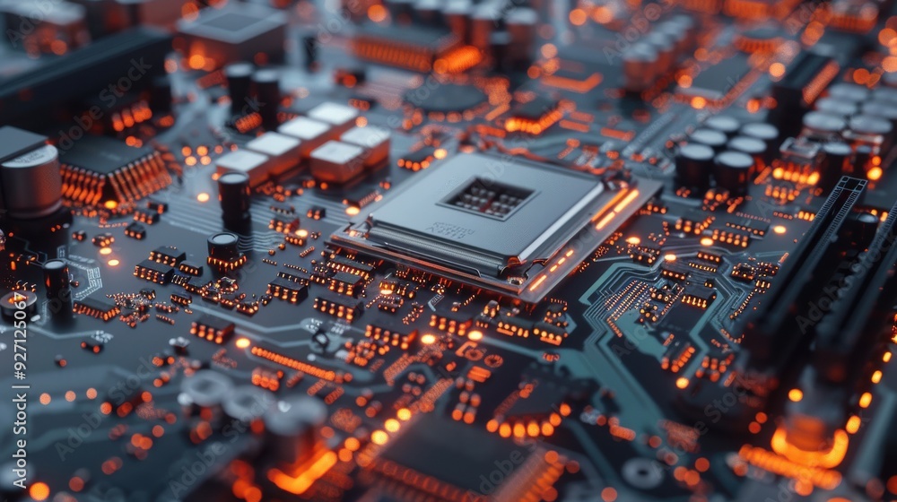 Aufkleber A close-up image of a computer motherboard with glowing orange LED lights illuminating the components, focusing on a central processor chip. The motherboard's complex circuitry is visible, with variou
