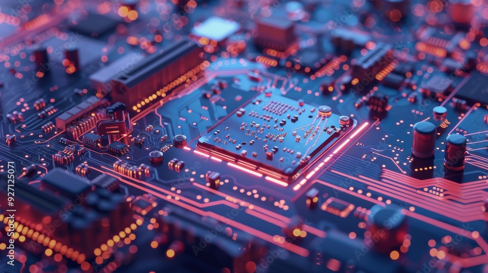 Aufkleber The image shows a close-up view of a circuit board, with a central processor chip illuminated by red lights. Surrounding the processor are other components and intricate wiring, all set against a blue