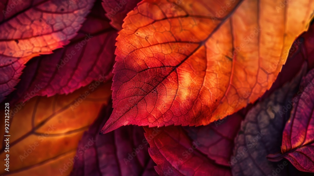 Poster a close-up image of vibrant red and orange autumn leaves, showcasing the intricate details of their 