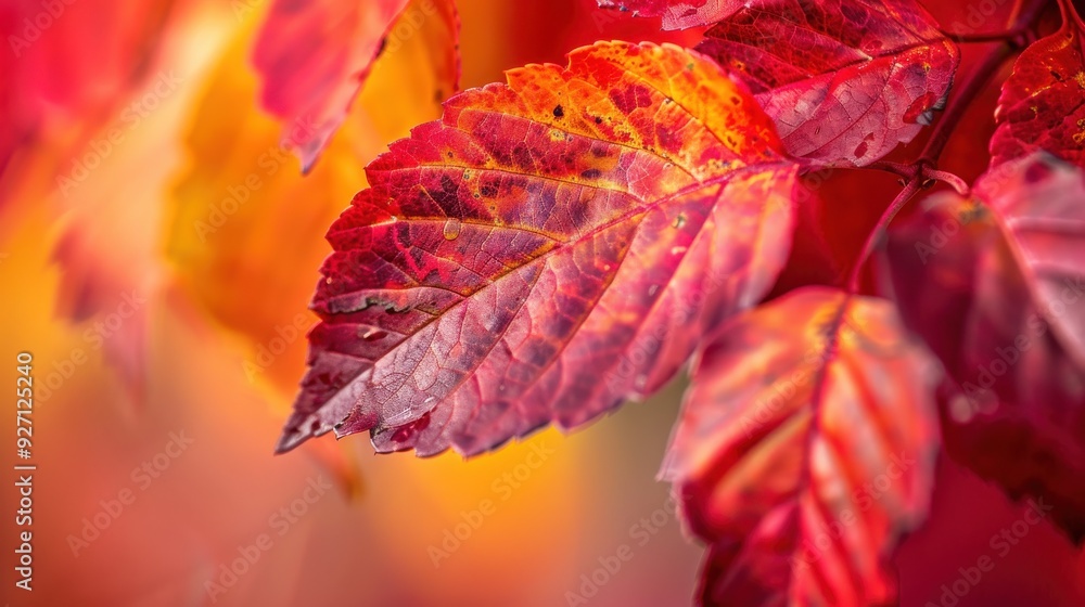Poster a single red autumn leaf with a blurred background of other red and orange leaves. the leaf is in fo
