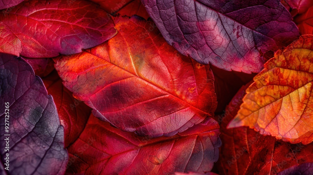 Poster A collection of red and purple autumn leaves are arranged in a close-up view, showcasing their intricate veins and textures. The leaves are piled together, creating a rich tapestry of color.