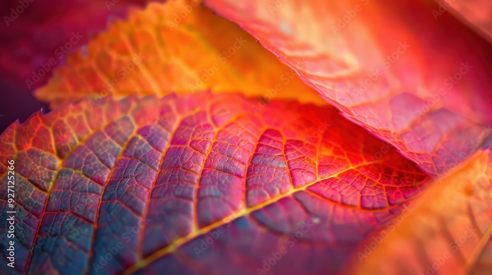 Poster a single red leaf with intricate veins is captured in a close-up photograph, showcasing the beauty o