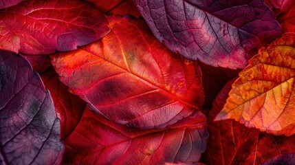 A collection of red and purple autumn leaves are arranged in a close-up view, showcasing their intricate veins and textures. The leaves are piled together, creating a rich tapestry of color.