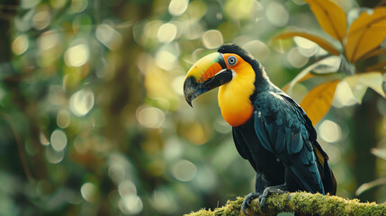 Fototapeta premium A toucan with a bright orange-yellow bill and dark blue-black body perched on a mossy branch in a lush green forest.