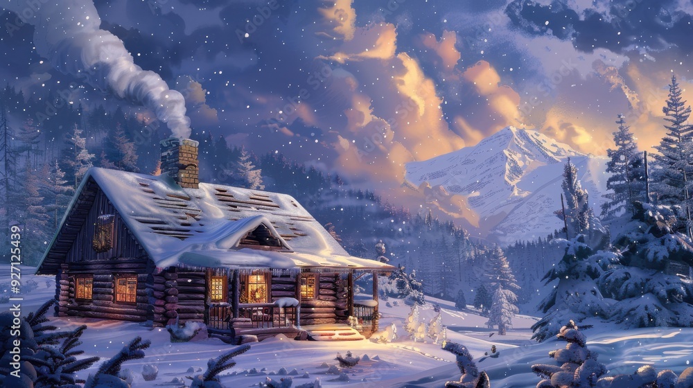 Poster a cozy log cabin with a snow covered roof and smoke rising from the chimney stands in a snowy mounta