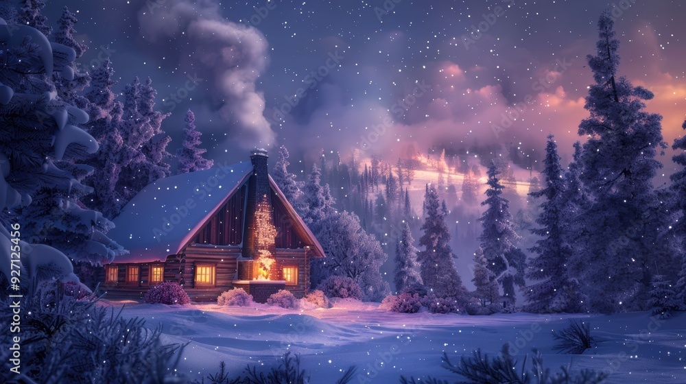 Poster a small cabin with glowing windows sits nestled in a snowy forest. snow falls gently in the evening 