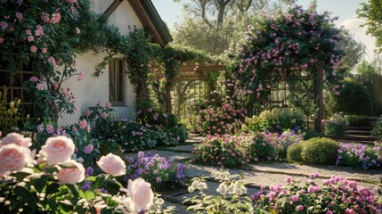 A white cottage with a wooden pergola covered in pink climbing roses stands in a lush garden. The ground is covered in a mix of pink, white, and purple flowers, and the air is filled with the scent of