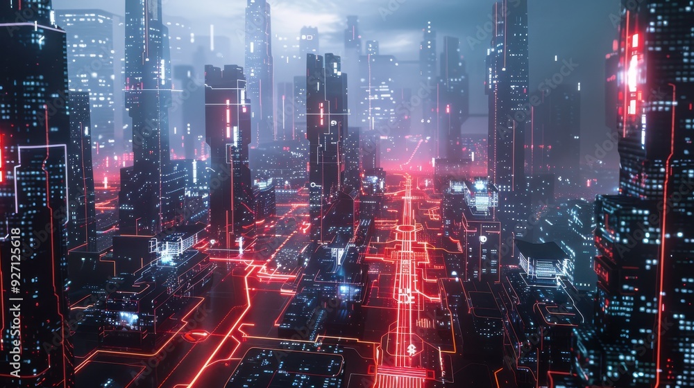 Poster an aerial view of a futuristic cityscape at night, with towering skyscrapers lit up by neon lights. 