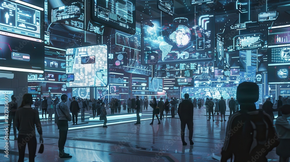 Poster a crowd of people walk through a futuristic city filled with massive, bright digital displays showin