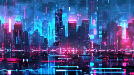 A digital illustration depicts a futuristic city at night, illuminated with vibrant pink and blue neon lights. The city is dense and packed with tall skyscrapers, all interconnected with a network of 