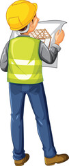 Construction Worker with Safety Vest and Hard Hat Holding Blueprint - Rear View

