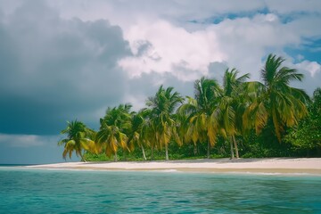 Tropical Paradise: A serene island emerges from the turquoise waters, its lush palm trees swaying gently beneath a dramatic sky, promising a tranquil escape.  